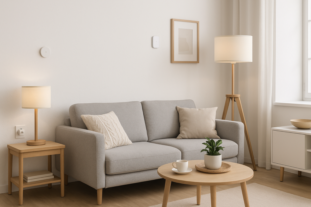 Smart Home für Mieter - smarte Steckdosen und kabellose Sensoren in moderner Mietwohnung