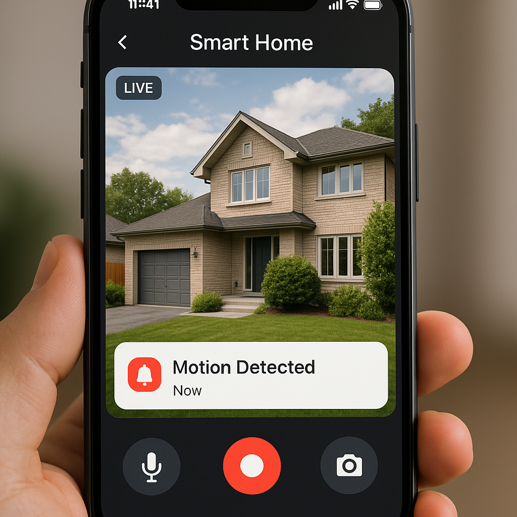 Smarte Außenkamera App auf dem Smartphone: Live-Übertragung und Bewegungsalarm steuern