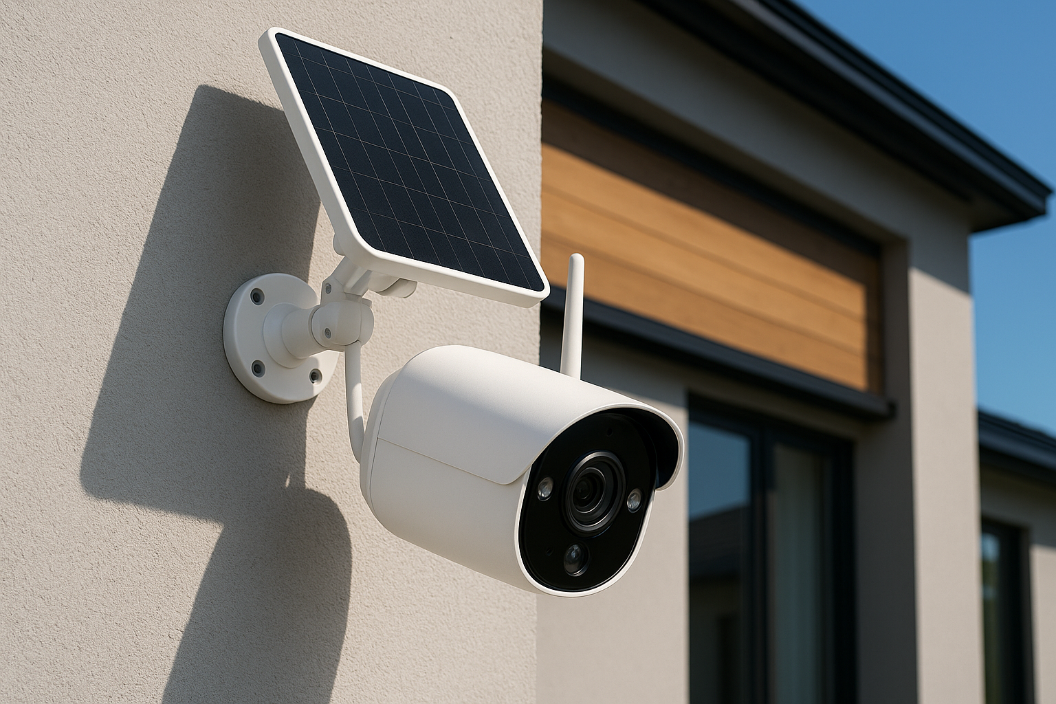 Smarte Akkukamera mit Solar-Panel am Hauseingang montiert – kabelloses Überwachungssystem