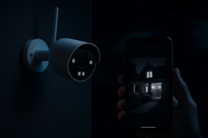 Smarte Außenkamera nachts mit Smartphone-Ansicht – Reolink vs Arlo vs eufy Vergleich 2026