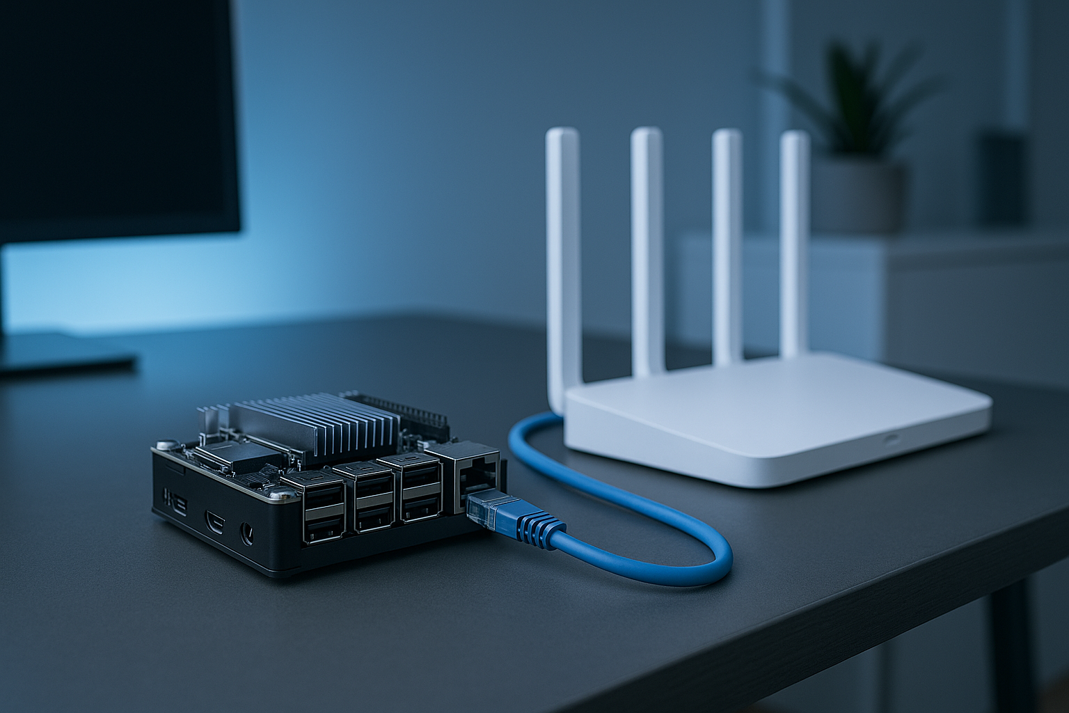 Home Assistant Hardware Setup – Mini-PC mit Netzwerkkabel als Smart Home Server