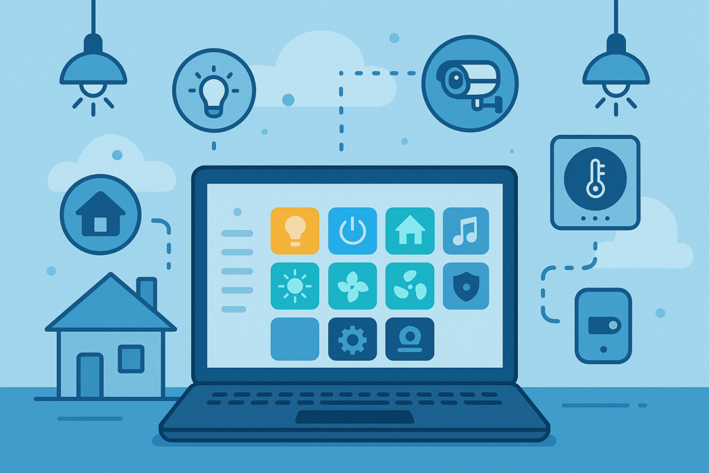 Home Assistant Einsteiger Guide – Smart Home Dashboard auf Laptop mit verbundenen Geräten
