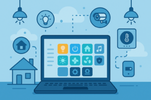 Home Assistant Einsteiger Guide – Smart Home Dashboard auf Laptop mit verbundenen Geräten