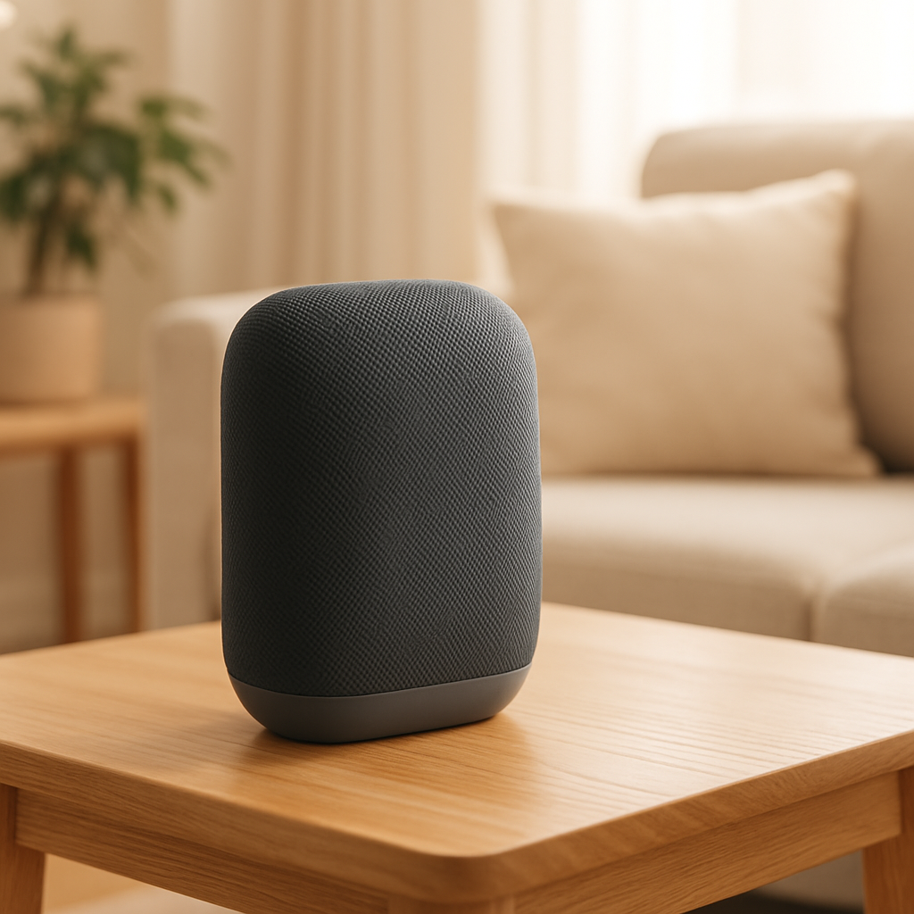 Amazon Echo Sprachassistent auf Beistelltisch im Wohnzimmer