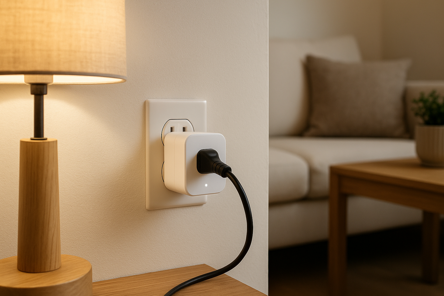 Smarte Steckdose im Einsatz – Smart Plug in Wandsteckdose eingesteckt mit Lampenkabel