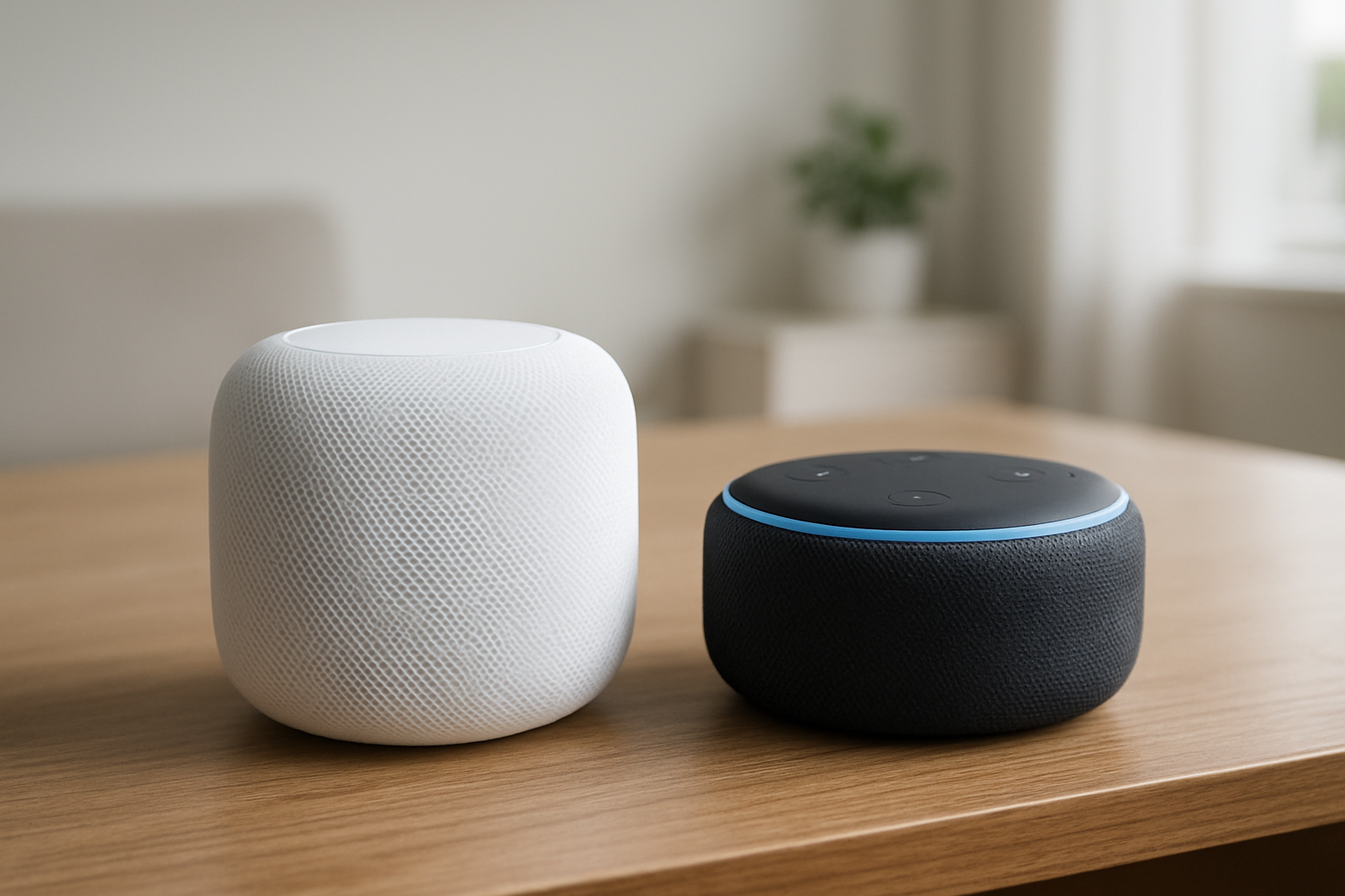 HomePod mini 2 vs Echo Dot 5 Vergleich – zwei smarte Lautsprecher auf einem Schreibtisch