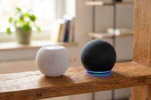 HomePod mini und Echo Dot 5 nebeneinander auf einem Regal