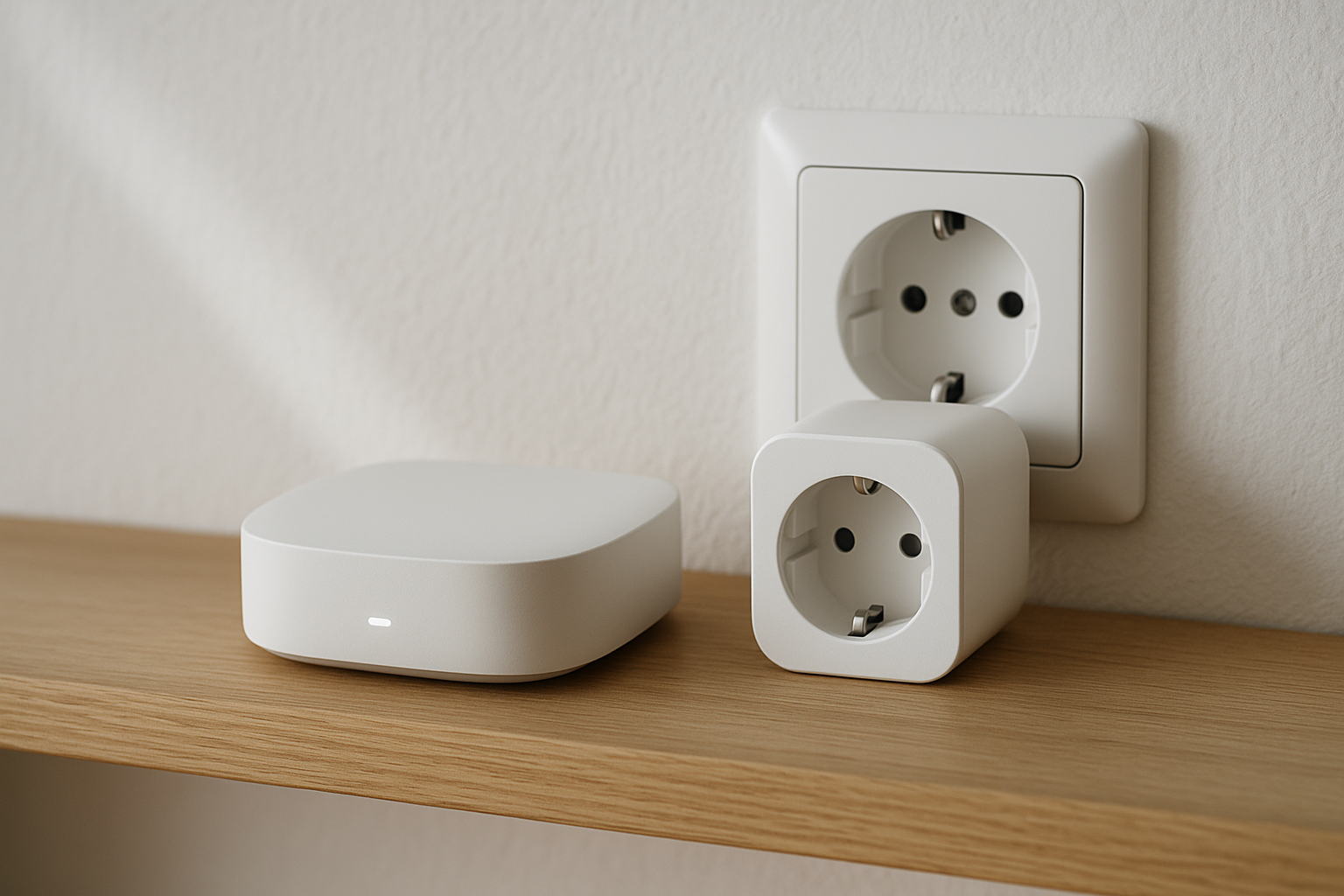 Matter Smart Home Hub und smarte Steckdose an europäischer Schuko-Steckdose