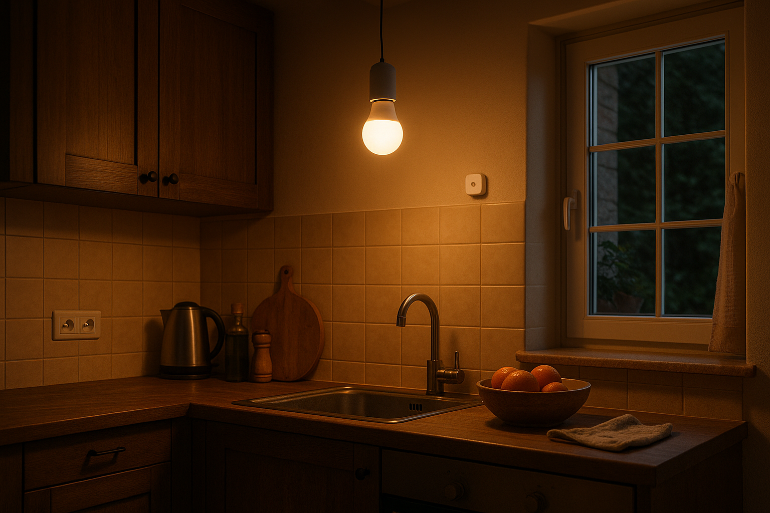 Matter-fähige smarte Lampe in gemütlicher Küche