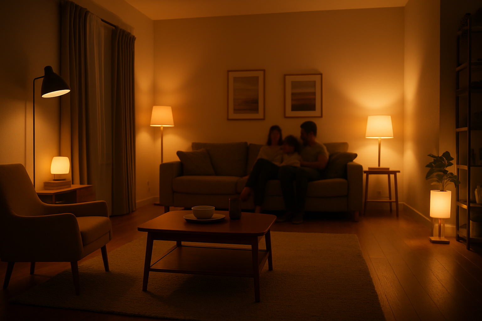 Smart Home Wohnzimmer mit Matter-Beleuchtung am Abend