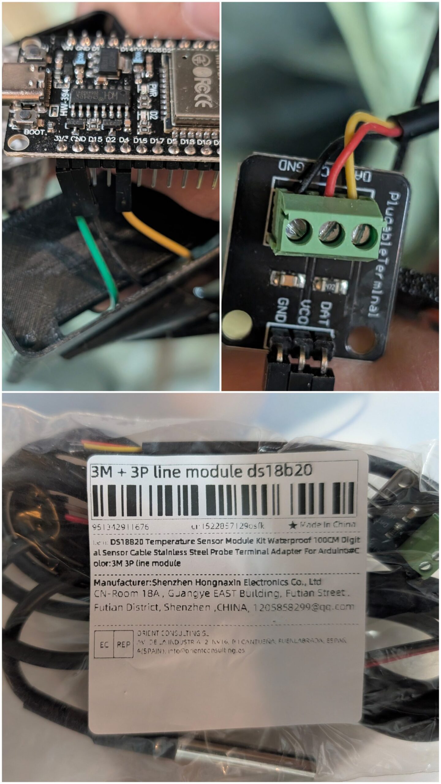 ESP32 der Temperatursensorik mit DS18B20-Modul und Anschlusskabel