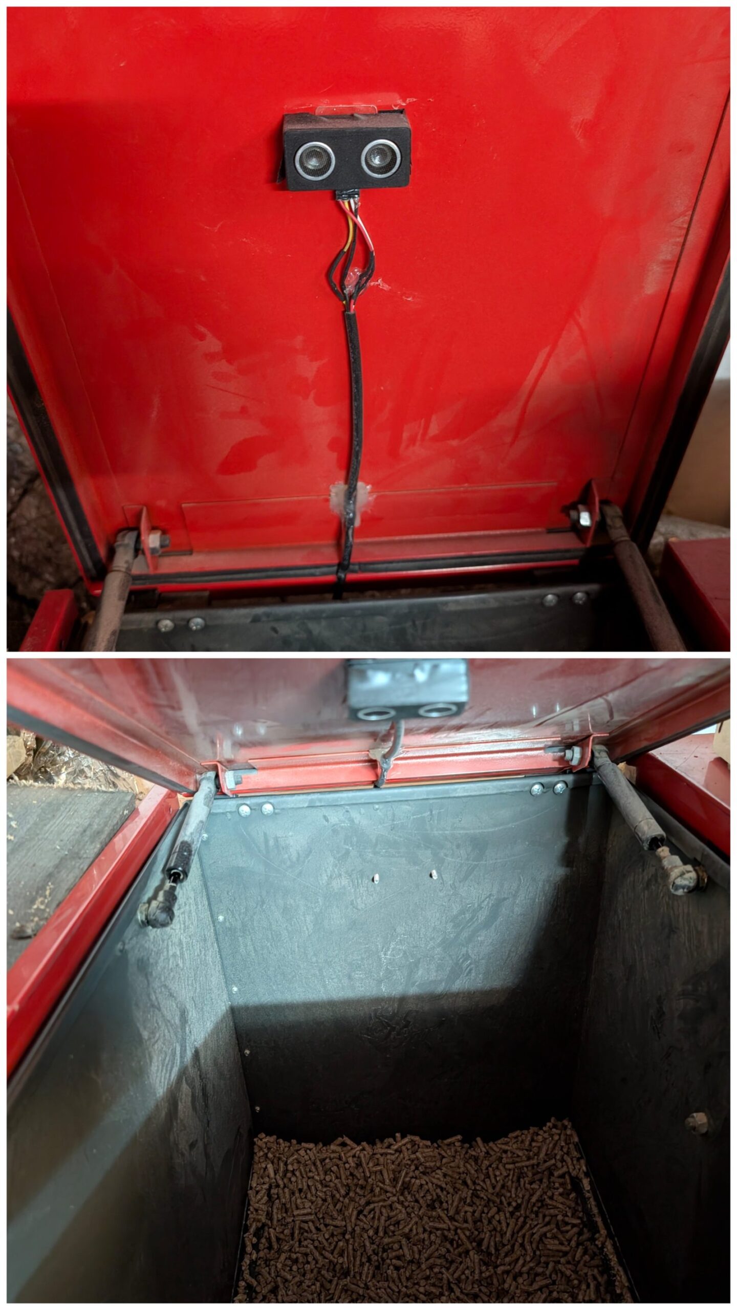 Ultraschallsensor am Pellet-Tank-Deckel und Blick in den Tank auf die Pellets