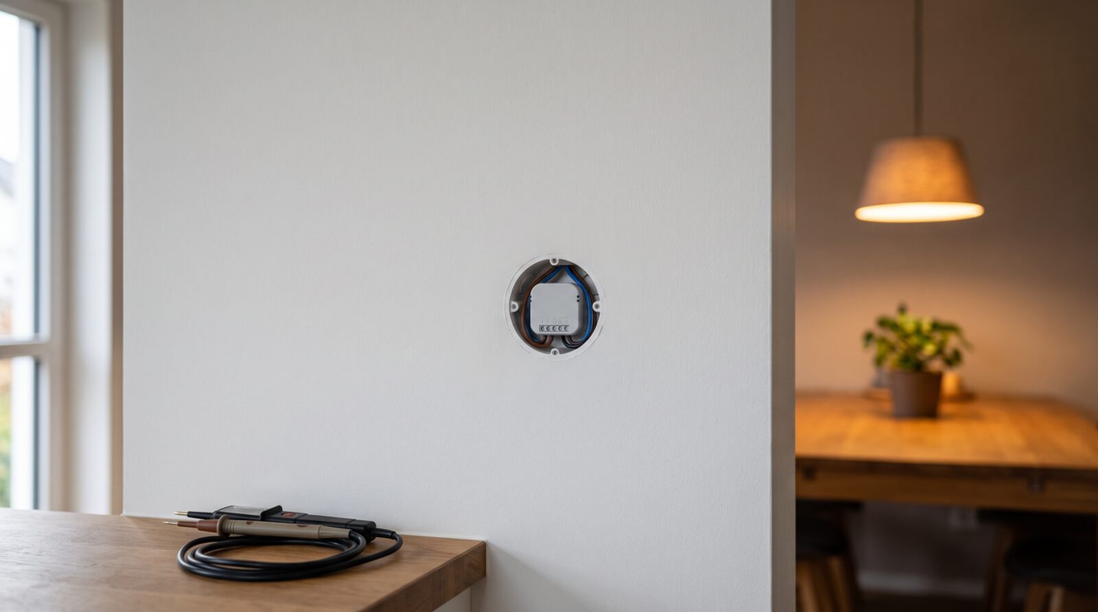 Kleines Dimmer-Modul wird in eine Unterputzdose hinter einem Lichtschalter eingesetzt