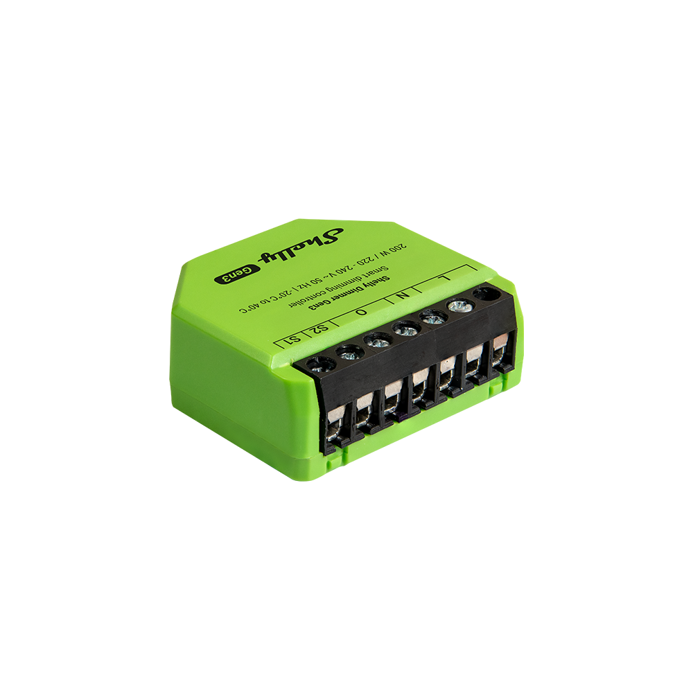 Shelly Dimmer Gen3 grünes Unterputz-Modul mit Klemmen L, N, O, S1, S2