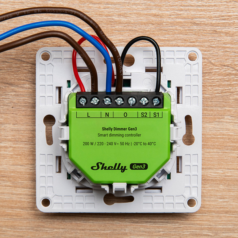 Offizielles Shelly-Anschlussschema des Dimmer Gen3 mit Klemmen L, N, O, S1, S2