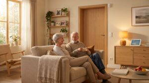 Smart Home fuer Senioren – aelteres Paar im Wohnzimmer