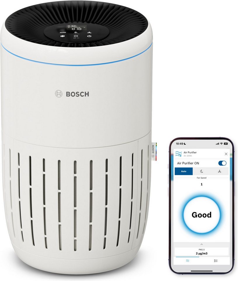 BOSCH Luftreiniger Air 2000i, kompakt mit App-Steuerung, für 37 m² Räume, mit 3-in-1 Luftfilter, Smart Sensor, Automatik-, Ruhemodus < 25 dB(A)