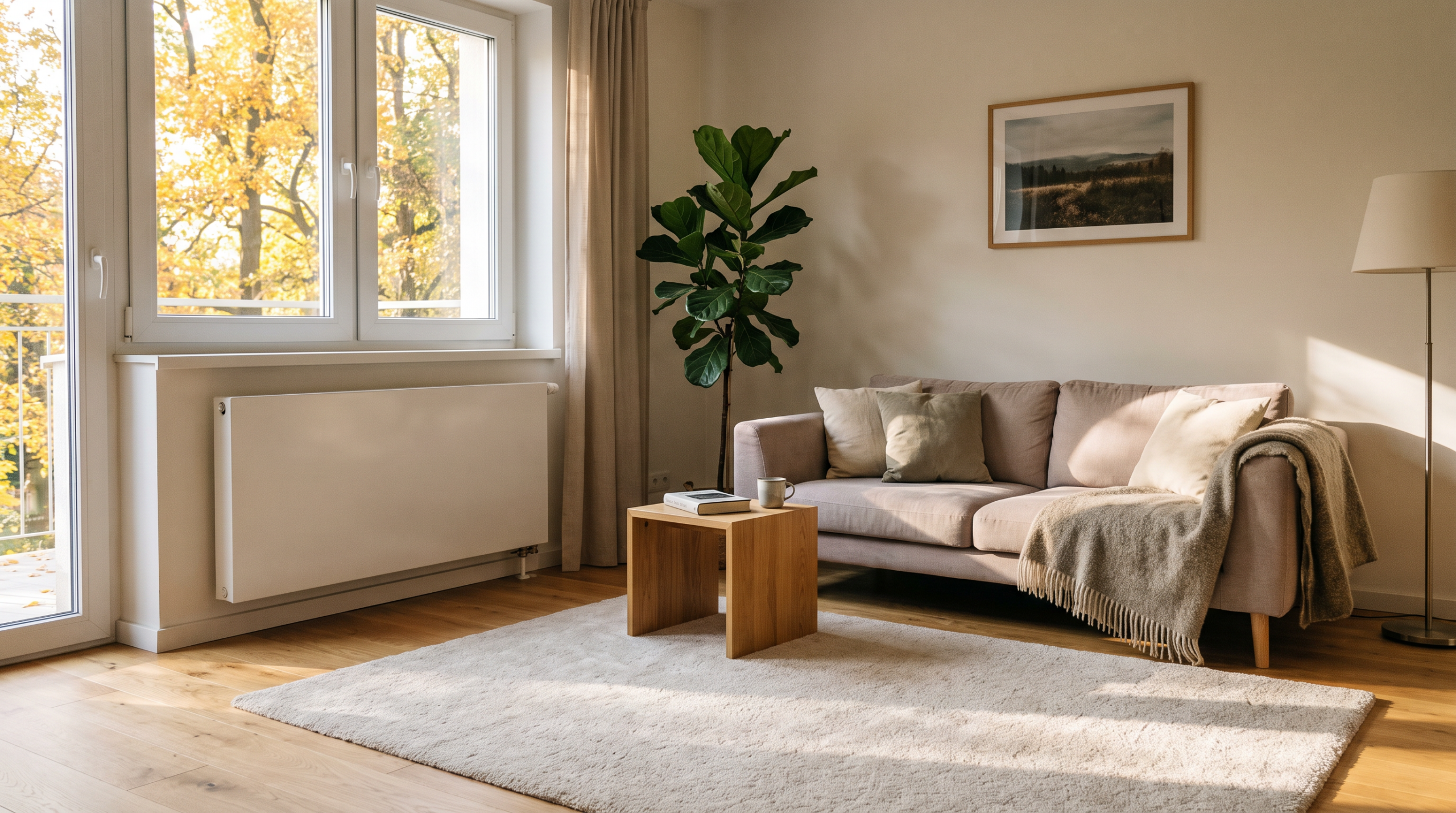 Flachheizkörper unter einem Fenster in einem Wohnraum