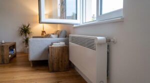 Geöffnetes Fenster über einem Heizkörper in einem Wohnzimmer, am Ende des Heizkörpers sitzt ein weißes Thermostat