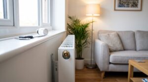 Heizkörper mit freiliegendem Ventil, auf dem Fensterbrett liegen der abgeschraubte Thermostatkopf und ein Messschieber