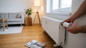 Zwei Hände setzen ein weißes smartes Heizkörperthermostat auf das Ventil, auf dem Boden liegen der alte Thermostatkopf und ein Adapterring