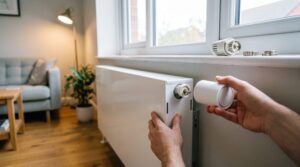 Hand hält ein weißes smartes Heizkörperthermostat vor das freiliegende Ventil eines Heizkörpers, auf dem Fensterbrett der alte Kopf und zwei Adapterringe