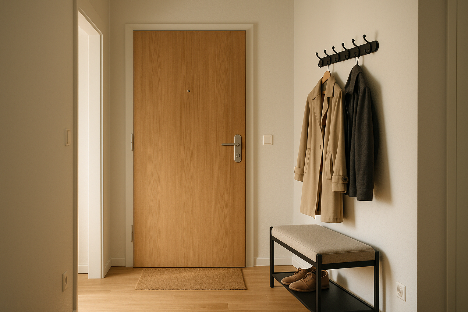 Heller Flur mit Holztür, Garderobe und Sitzbank