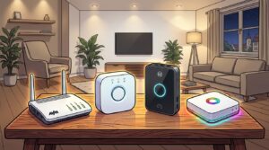 Illustration: Vier Smart-Home-Zentralen auf einem Holztisch im Wohnzimmer am Abend, Sinnbild für den Vergleich des AVM FRITZ!Smart Gateway mit drei Alternativen