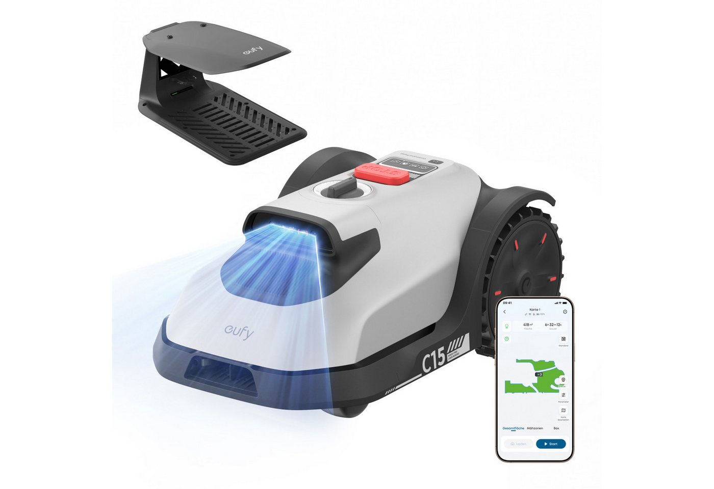 Anker eufy Rasenmähroboter C15 ohne Begrenzungskabel, bis 500 m² Rasenfläche, (Packung), ohne RTK, Auto-Kartierung, intelligente Navigation, präzises Randmähen