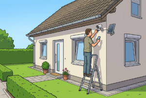 Illustration: Eine Person montiert eine Außenkamera mit Solarpanel an der Hauswand und richtet sie mit dem Smartphone ein