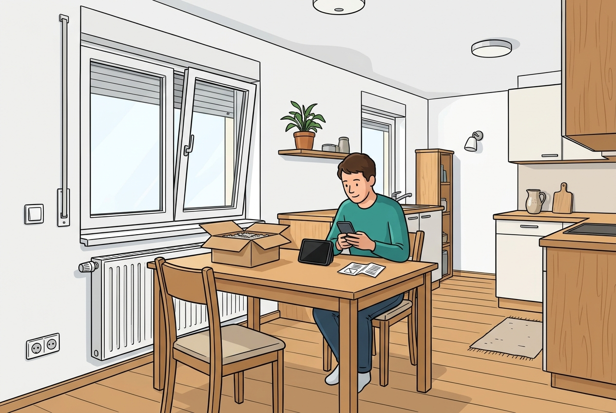 Illustration: Eine Person richtet am Küchentisch mit dem Smartphone ein neues Gerät ein, daneben der geöffnete Karton