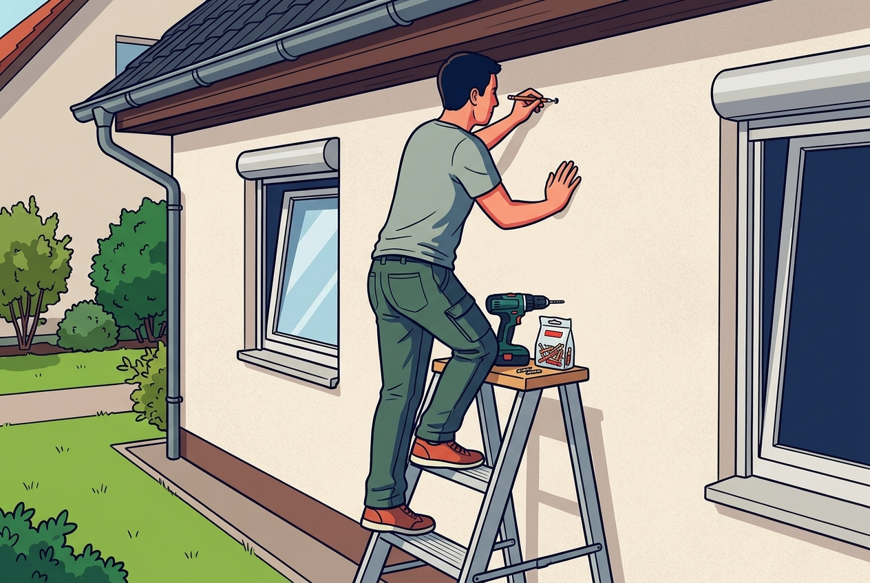 Illustration: Eine Person zeichnet unter dem Dachvorsprung Bohrlöcher an der Hauswand an, Bohrmaschine und Dübel liegen bereit