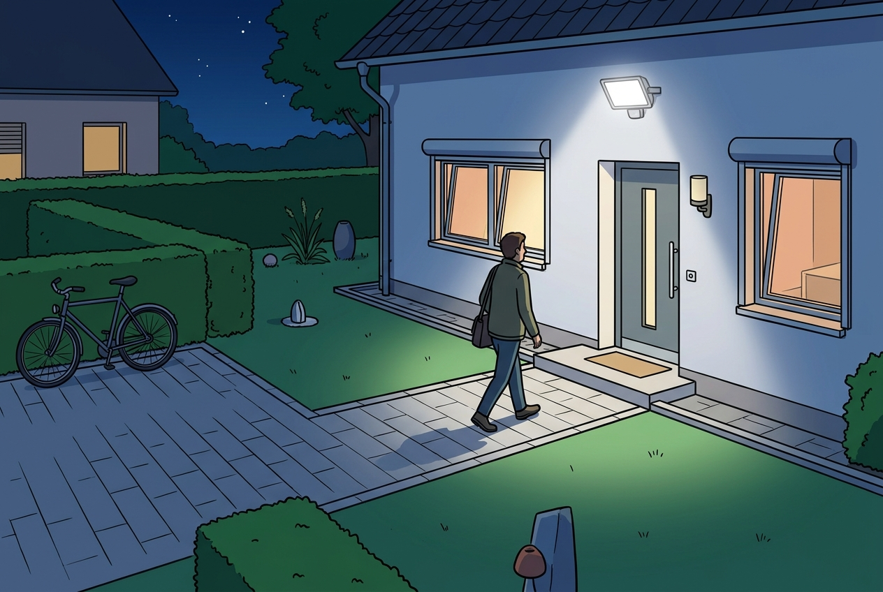 Illustration: Einfahrt und Vorgarten eines Hauses bei Nacht, hell beleuchtet von einem Strahler an der Fassade