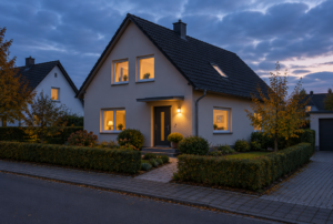 Smarte Sicherheit: Einfamilienhaus in der Dämmerung mit beleuchteten Fenstern und Außenlicht