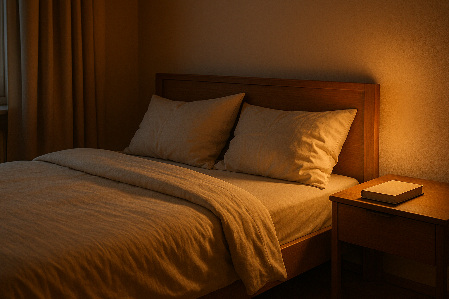 Schlafzimmer am Abend in sanftem, warmem Licht