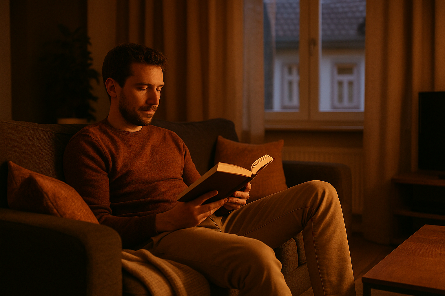 Wohnzimmer am Abend in warmem Licht, eine Person liest auf dem Sofa